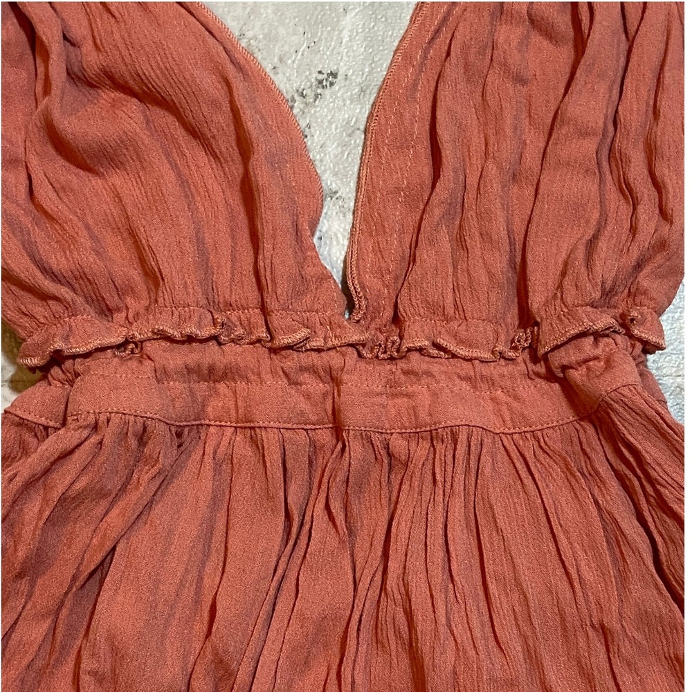 Boho Terracotta Halter Mini Dress Sz Med Deep-V Backless Ruffle Lace Skirt - Picture 8 of 12